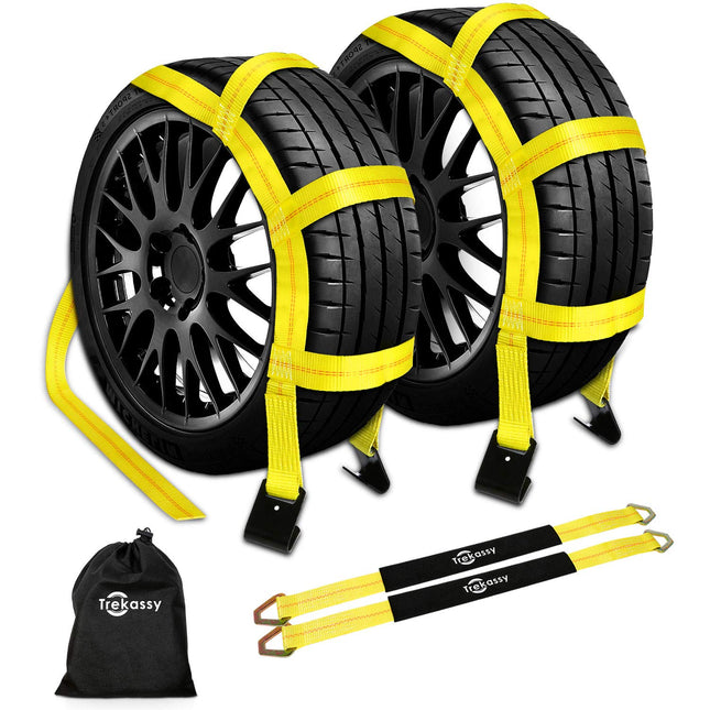 Trekassy Tow Dolly Straps for Car with Flat Hooks-2 Pack, Heavy Duty Car Tire Bonnet Net Fits 14"-17" Tires, 10, 000 Lbs
