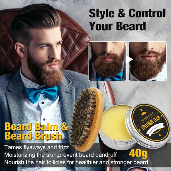 Beard Kit for Men Grooming & Care W/3 Pack Beard Oil, Wash, Balm, Comb, Brush, Scissors,Anniversary Valentines Birthday Fathers Gifts Idea for