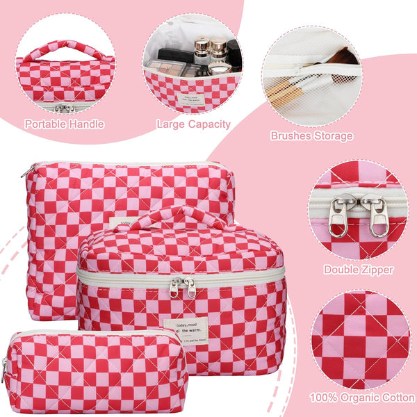 Quilted Makeup Bag Set - 3 PCS Cute Floral Cotton Makeup Bag, Large Coquette Aesthetic Make up Cosmetic Bag, Flower Travel Toiletry Organizer Bags
