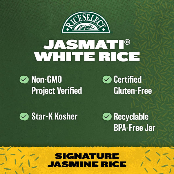 Riceselect Jasmati Rice, Long-Grain Jasmine Rice, Premium Gluten Free Rice, Non-Gmo, 32 Ounce Jar
