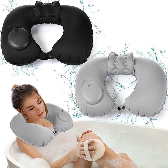 2 Pcs Inflatable Bath Pillows for Tub Bath Head and Neck U Shaped Blow up Full Body Travel Pillow with Adjustable Button
