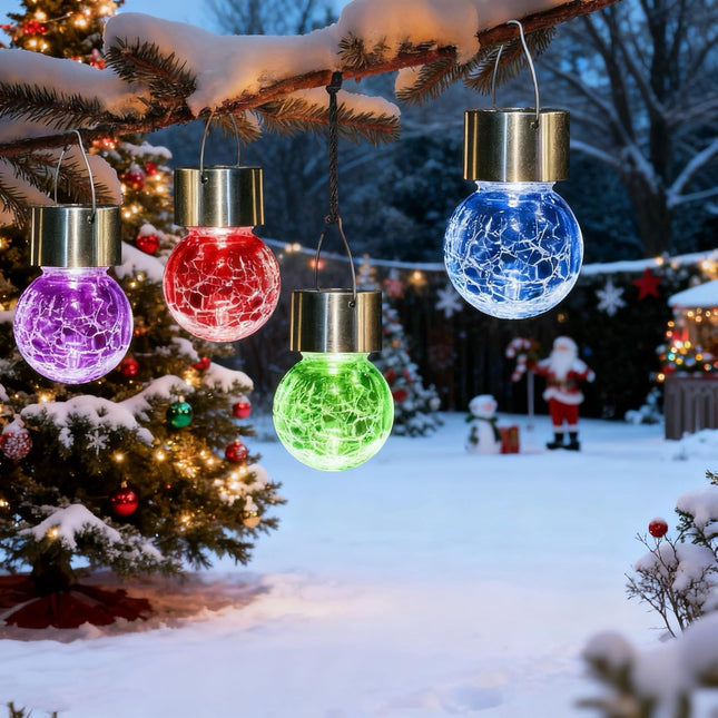 GIGALUMI 8 Pack Solar Hanging Lights, Christmas Decoration Lights with Multi-Color Changing Cracked Glass Hanging Ball S