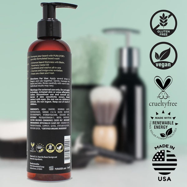PURA D'OR 8 Oz Thickening Beard Wash - Biotin & Castor Oil Formula with Rosemary - Helps Enhance Moisture, Thickness & Shine, Helps Reduces