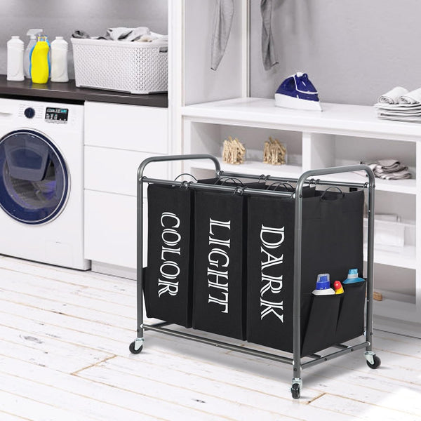 STORAGE MANIAC 3 Section Laundry Sorter, 3 Bag Laundry Hamper Cart with Heavy Duty Rolling Lockable Wheels and Removable Bags, Laundry Organizer