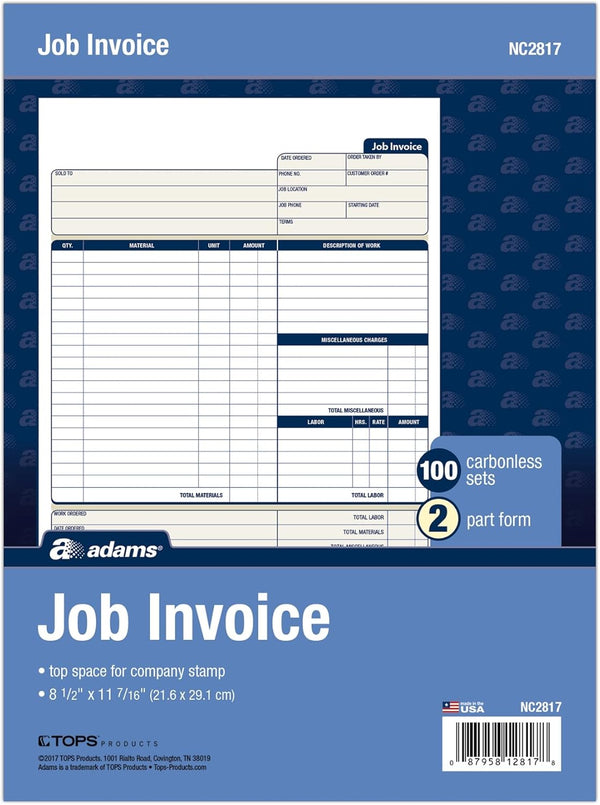 Adams Job Invoice Forms, 2-Part Carbonless, for Service and Repair Billing, 100 Individual Sets per Pack (NC2817), White, 8-1/2 X 11Inches