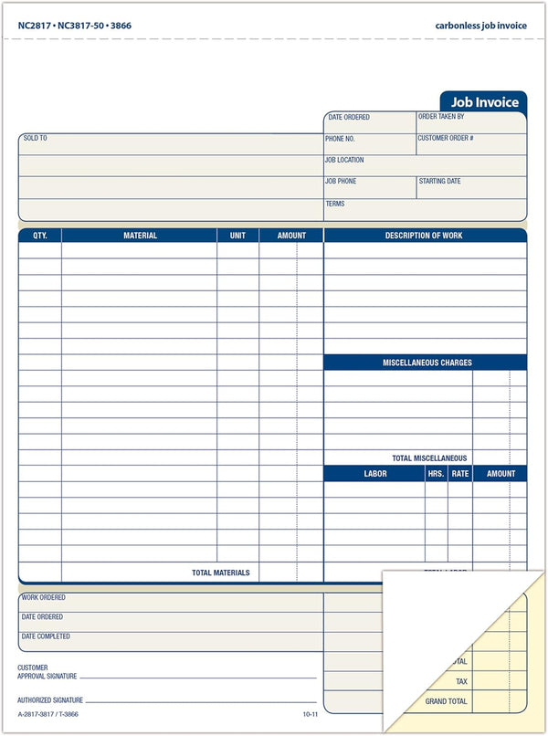 Adams Job Invoice Forms, 2-Part Carbonless, for Service and Repair Billing, 100 Individual Sets per Pack (NC2817), White, 8-1/2 X 11Inches