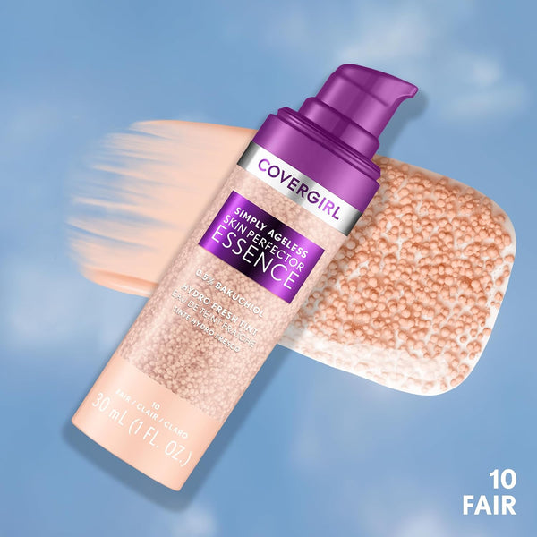 Covergirl Simply Ageless Skin Perfector Essence Foundation, 10 Fair, Tinted Skincare Makeup Hybrid, Sheer Tint, Radiant Finish, Glowy Finish,