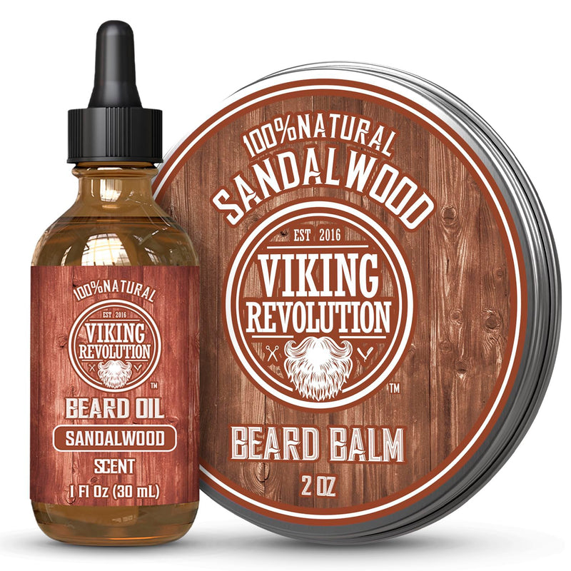 Viking Revolution Sandalwood Beard Balm for Men (2Oz) and Sandalwood Beard Oil (1 Fl Oz) Bundle - with Argan and Jojoba Oils - Soften and
