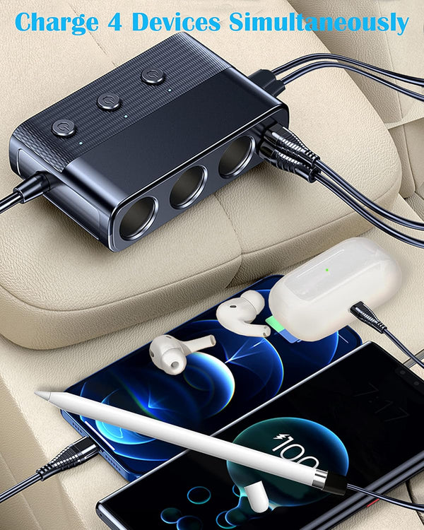 7 in 1 Cigarette Lighter Splitter, LIHAN 3 Socket Car Charger Adapter, Type-C QC3.0 PD 30W Charging, Dual USB Charging Ports, Independent