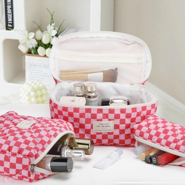 Quilted Makeup Bag Set - 3 PCS Cute Floral Cotton Makeup Bag, Large Coquette Aesthetic Make up Cosmetic Bag, Flower Travel Toiletry Organizer Bags