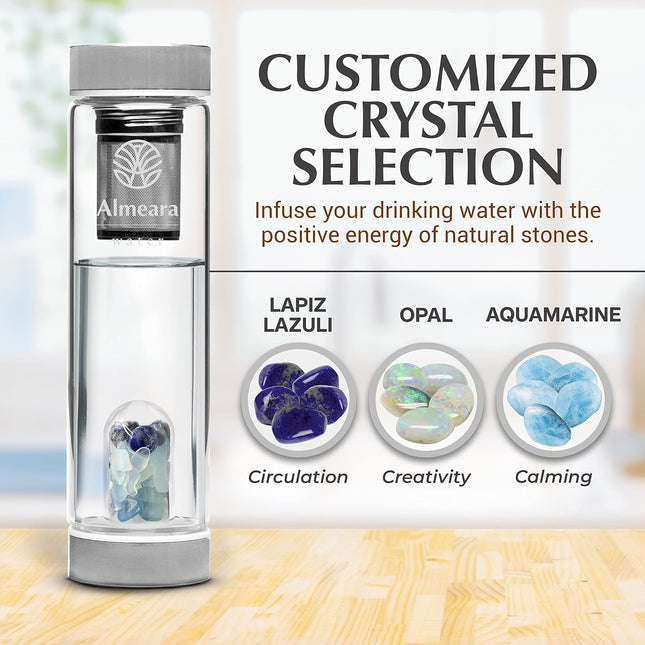 Almeara Crystal Water Bottle with Authentic Lapis Lazuli, Opal Stones & Aquamarine Removable Gemstones, Loose Leaf Tea I
