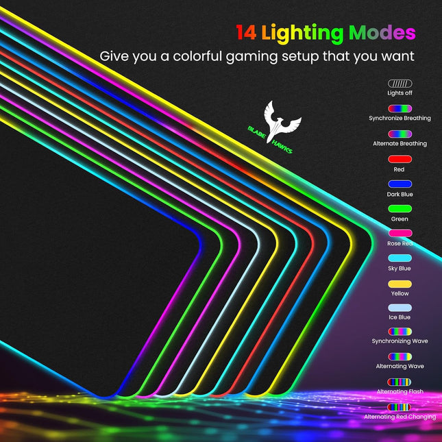 BladeHawks Extra Large RGB Gaming Mouse Pad-14 Light Modes, Extended Soft LED Mouse Pad, Anti-Slip Rubber Base, Computer
