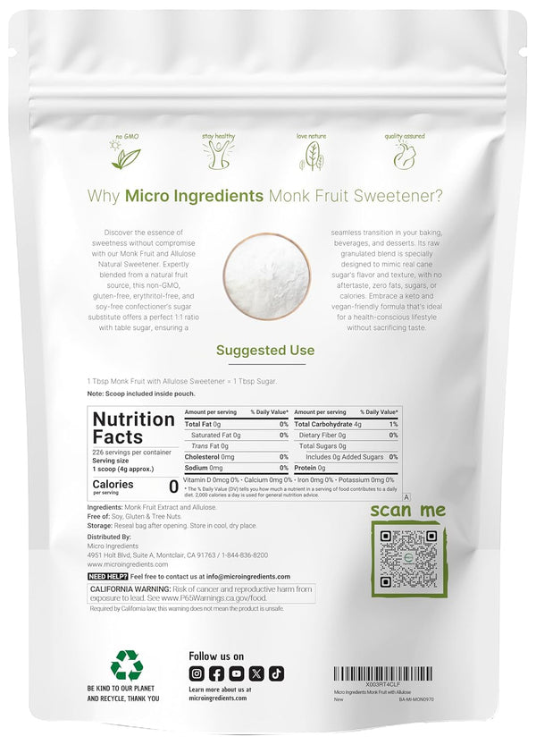 Monk Fruit Sweetener with Allulose, 2 lbs | No Erythritol | No Aftertaste, 1:1 White Sugar Substitute, Keto & Vegan Friendly, Zero Calorie | Great
