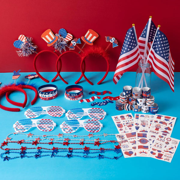 4Th of July Party Favors Set, Fourth of July Decorations 158 Pcs Accessories Includes Slap Bracelets, Necklaces, USA Flags, Tattoos, Wristbands,
