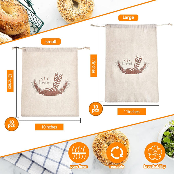 Dunzy 20 Pcs Linen Bread Bag Reusable Container Drawstring Bread Bags Storage Unbleached for Food Baking Kitchen Sandwich Bakery Picnic Wedding