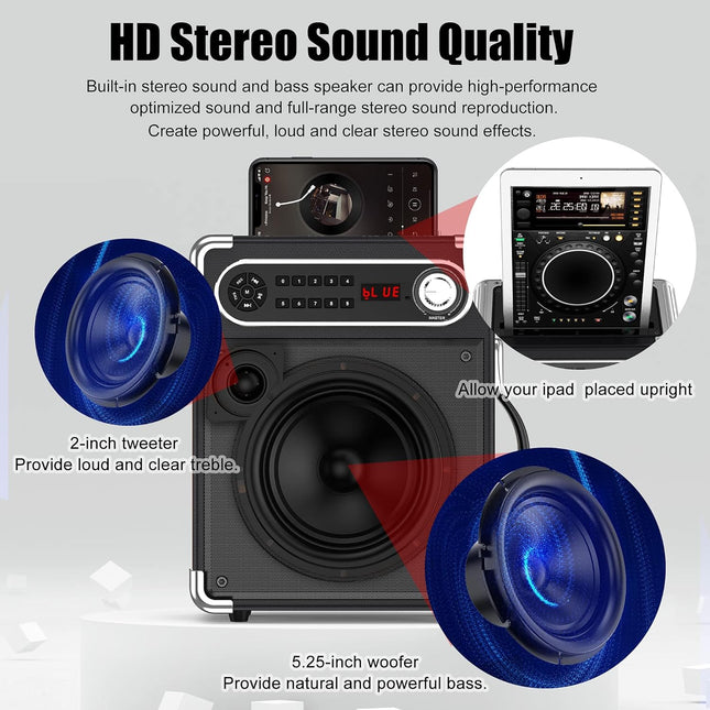 JYX Karaoke Machine with Two Wireless Microphones, Portable Bluetooth Speaker with Bass/Treble Adjustment, PA System wit
