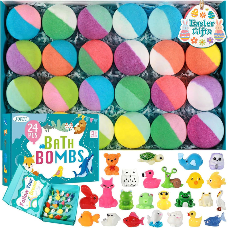 Bath Bombs for Kids with Surprise Inside, 24 Pack Kids Bath Bombs Gift Set, Natural Organic Kid Bubble Bath Fizzy for Girls Boys with Bath Toys Inside