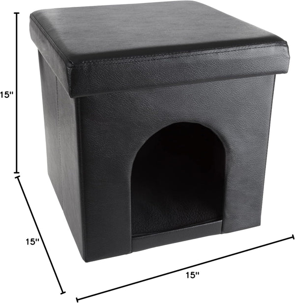 Cat House â Collapsible Multipurpose Small Dog or Cat Ottoman with Footrest, Cushioned Top, and Interior Pillow by PETMAKER (Black)
