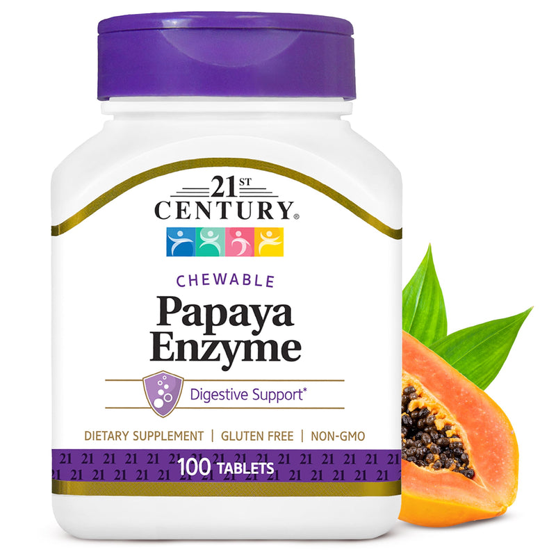 21St Century Papaya Enzyme Chewable (100 Count), Papaya & Pineapple Digestive Enzymes for Gut Health, Tropical Flavor, Non-Gmo, Gluten-Free, No