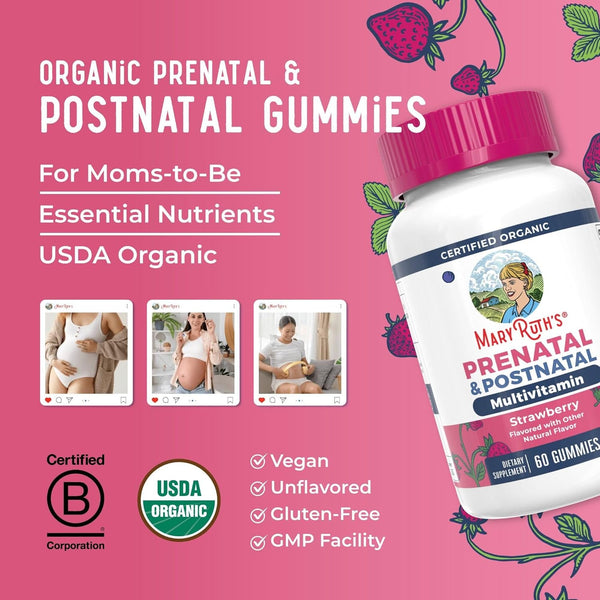 Maryruth Organics Prenatal Vitamins for Women | USDA Organic Prenatal Gummies | Postnatal Vitamins for Women Breastfeeding | Methylfolate 800 Mcg