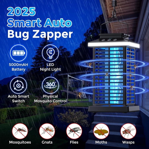 Bug Zapper Outdoor, 2025 Upgraded Mosquito Zapper 2 in 1 Rechargeable Bug Zapper Outdoor with 5000Mah Battery & LED Night Light, 4000V Electric