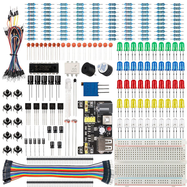 Basic Starter Kit for Arduino Project,Breadboard, Power Supply, Jumper Wires, Resistors, LED, Electronic Fun Kit Compatible with Arduino R3