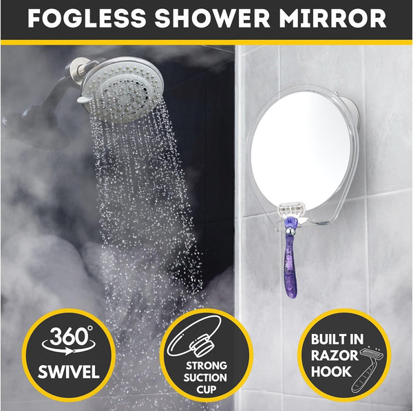 HONEYBULL Shower Mirror Fogless for Shaving - with Suction, Razor Holder for Shower & Swivel, Small Mirror, Shower, Bathroom Mirror, Bathroom
