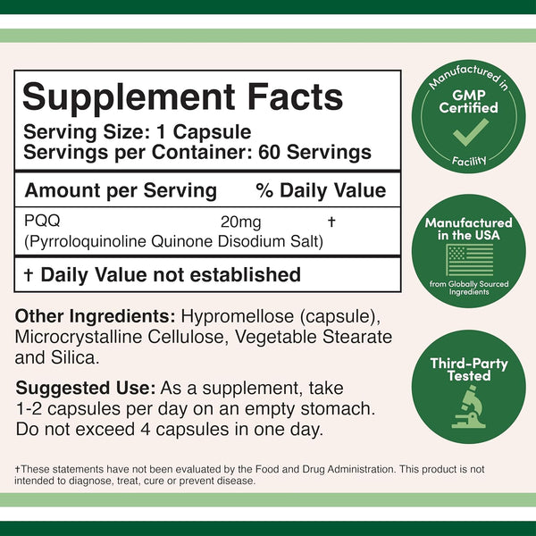 PQQ Supplement - 20Mg, 60 Capsules (Pyrroloquinoline Quinone) Promotes Mitochondria ATP Coenzyme Levels, Energy Optimizer and Sleep Support