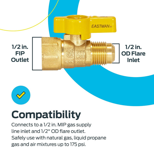 Eastman 1/2 Inch FIP X 1/2 Inch OD Flare Female Straight Gas Ball Valve with 1/4-Turn Handle, Brass Plumbing Fitting, 60003