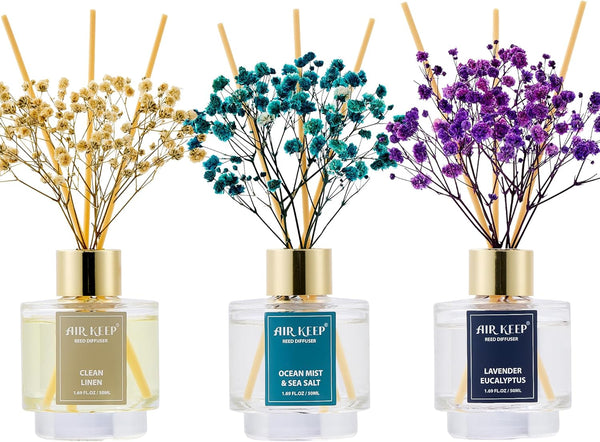 Airkeep Reed Diffuser Set of 3,Clean Linen Ocean Mist&Sea Salt Lavender Eucalyptus Oil Reed Diffusers for Bedroom Living Room Office Aromatherapy