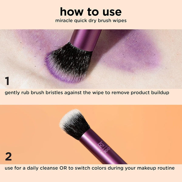 Real Techniques Miracle Quick Dry Brush Wipes, Remove Product Build-Up, Easily Switch Colors, Fast Drying, Convenient Makeup Brush Cleaner,
