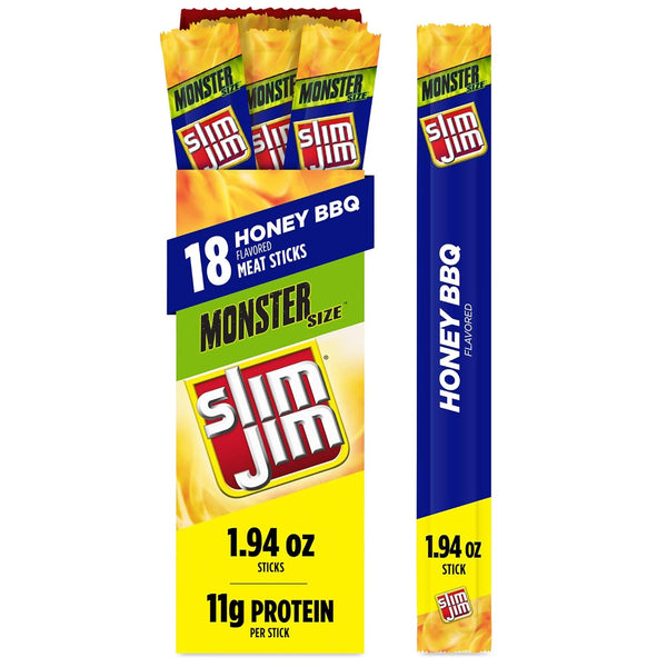 Slim Jim Monster Smoked Meat Sticks, Honey BBQ Flavor, 11G Protein per Stick, Father'S Day Gift, 1.94 Oz. (18 Count)