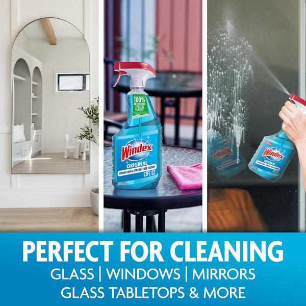 Windex Glass and Window Cleaner Spray Bottle, Packaging Designed to Prevent Leakage and Breaking, Surface Cleaning Spray, Original Blue Scent, 23