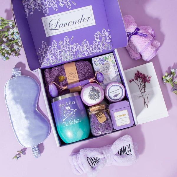 Birthday Gifts for Women,Gifts for Her Purple Gifts Basket for Women Lavender Relaxing Gift Set Self Care Package Unique Female Gift Ideas