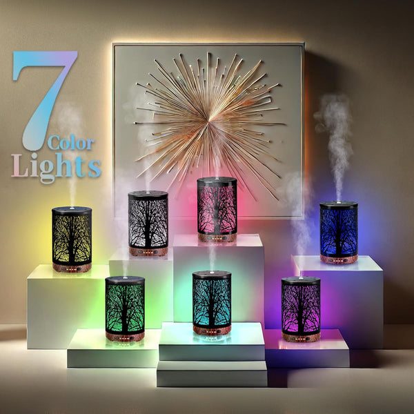 Essential Oil Diffuser 120ML Metal Aromatherapy Diffuser, Cool Mist Humidifier with Auto Shut-Off Protection 7 Color Lights for Home Office Spa (Tree)