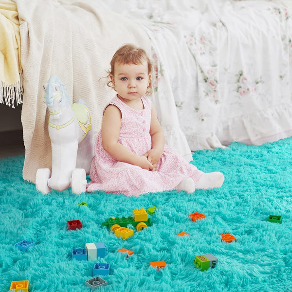 Ompaa Soft Fluffy Area Rug for Living Room Bedroom, 4X6 Teal Blue Plush Shag Rugs, Fuzzy Shaggy Accent Carpets for Kids Girls Rooms, Modern