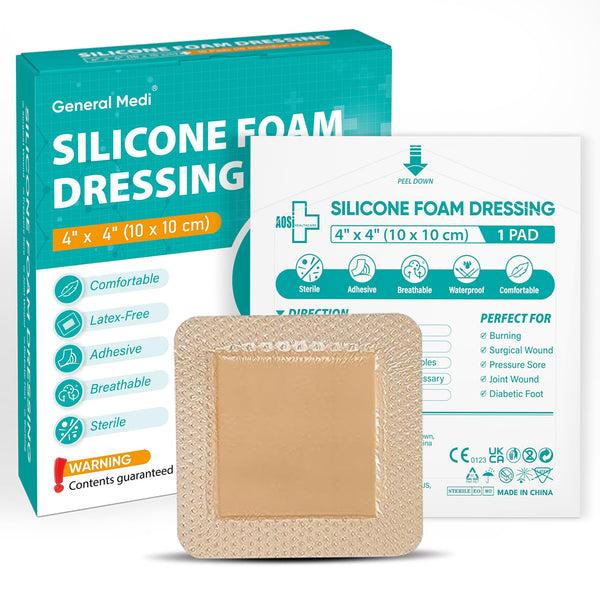 General Medi Waterproof Silicone Foam Island Dressing (10 Packs) â 4" X 4" Sterile Wound Care Pad with Adhesive Border - Sterile, Soft & Highly
