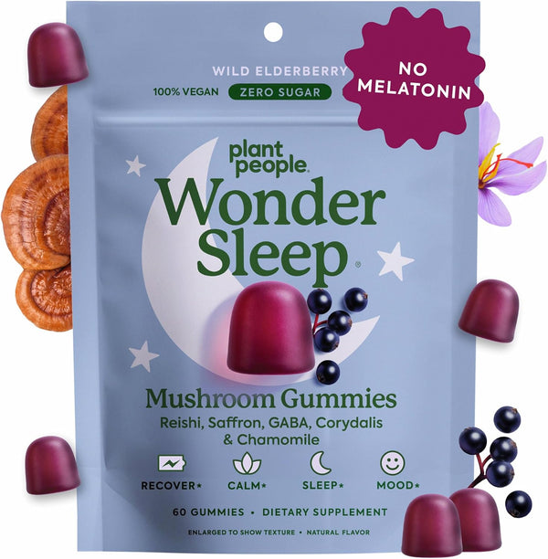 Plant People Wondersleep Mushroom Gummies Supplement for Sleep and Relaxation with Reishi Super Mushrooms, Wild Elderberry Flavor, No Sugar (60 Count)