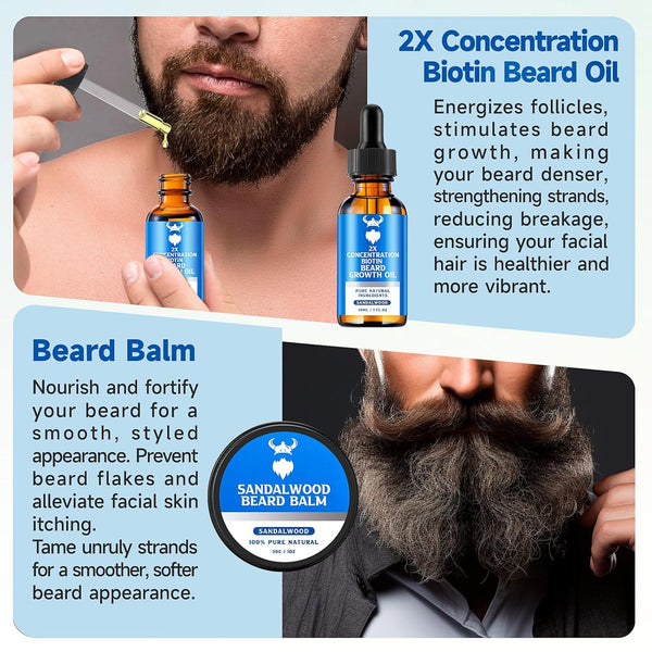 Beard Growth Oil & Beard Balm - Beard Growth Kit with 2X Concentration Biotin for Men, Natural Ingredients with Argan Oil, Jojoba Oil and Vitamin