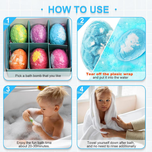 Bath Bombs for Kids with Surprise Inside, 6 Pack Big Kids Bath Bombs Gift Set, Organic Bubble Bath Fizzies with Dinosaur Egg Toys & Dinosaur