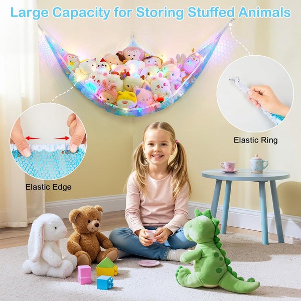 Basumee Stuffed Animals Net or Hammock with LED Light Hanging Toy Net Hammock for Stuffed Animals Storage Stuff Animals Hammocks for Nursery Kids
