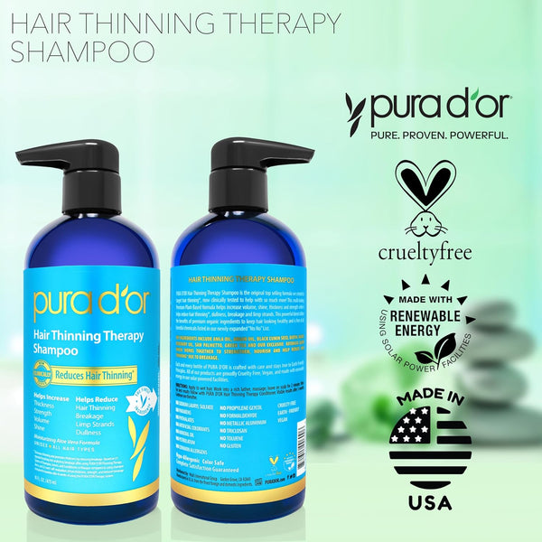 PURA D'OR 16 Oz Hair Thinning Therapy Biotin Shampoo - ORIGINAL Scent - CLINICALLY TESTED Effective Results, Herbal Blend Hair Thickening Products