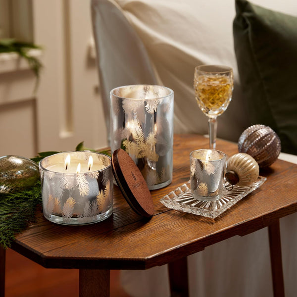 Thymes Frasier Fir Candles - Statement Collection - Silver with Pine Needle Design - Scented Candles for Home Decor - Notes of Siberian Fir