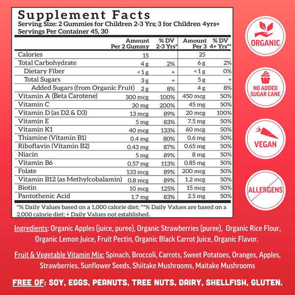 Llama Naturals Kids Multivitamin Gummies | Real Fruit, No Added Sugar Cane | Organic Vegan Toddler Whole Food Vitamins | Vitamin D, C & Beta
