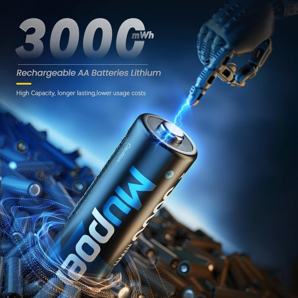 Rechargeable AA Batteries Lithium with Charger,8 Pack 1.5V 3000Mwh Double a Battery Rechargeable,Long Lasting Pilas Recargables Lithium Ion AA