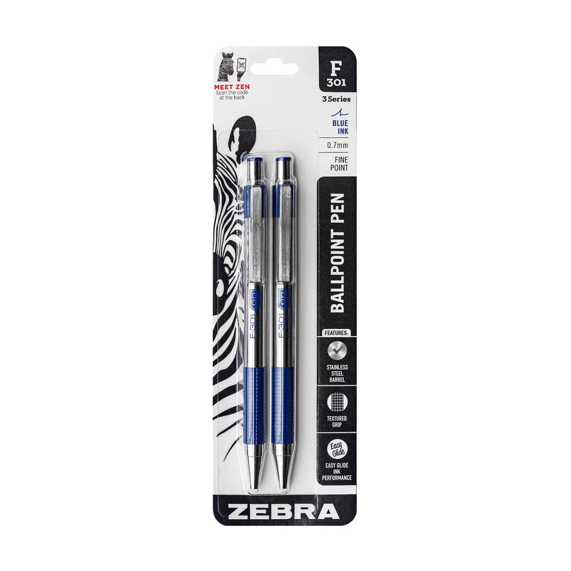 Zebra Pen F-301 Retractable Ballpoint Pen, Stainless Steel Barrel, Fine Point, 0.7Mm, Blue Ink, 2-Pack (27122)