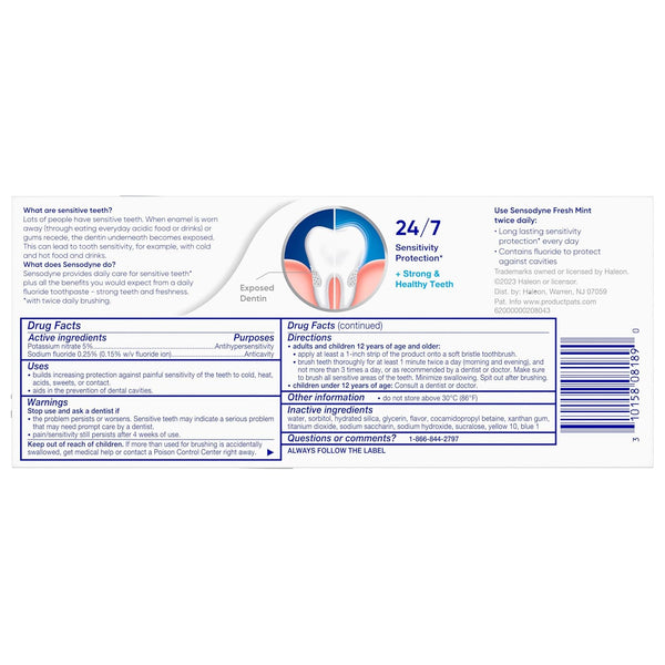 Sensodyne Fresh Mint Sensitive Toothpaste, ADA Accepted Toothpaste for Cavity Prevention and Sensitive Teeth Treatment - 4 Ounces (Pack of 2)