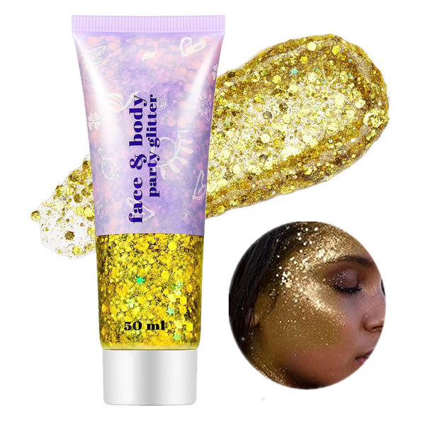 Go Ho Gold Face Body Glitter,Mardi Gras Glitter Makeup Gold Face Paint,Holographic Chunky Sequins Glitters for Eye Lip Hair Nails,Festival Rave