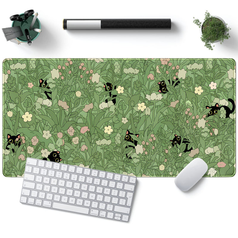 Green Desk Mat XL Cat Cute Plant Cool Desk Pad Keyboard Mat Kawaii Black Cat Flower Mouse Pad Green Desk Mat Desk Decor with Stitched Edges