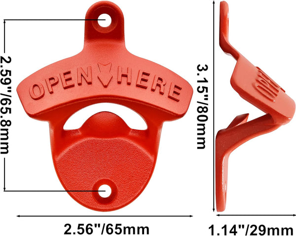 Red Bottle Opener Wall Mounted Rustproof Metal Mountable Beer Soda Top Opener for Home Bar Kitchen (Pack of 3)